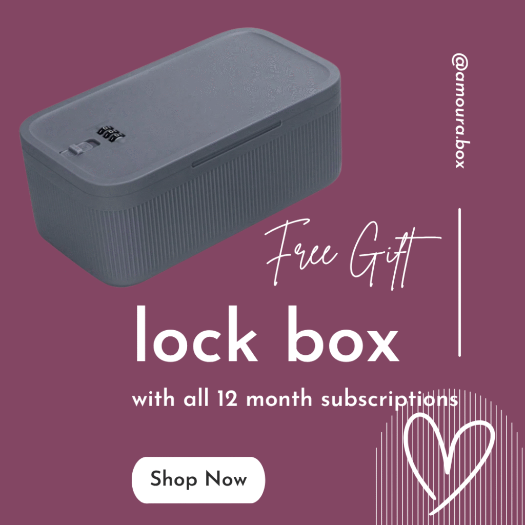 Elegant lockable storage box with code lock, offered as a free gift with a 12-month Amoura Box subscription.