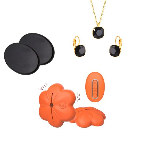 Amoura Box Month 10 – Dark Desire edition featuring vibrating nipple clamps, smooth hot massage stones, and an elegant black quartz jewellery set, beautifully arranged as a luxury subscription box collection