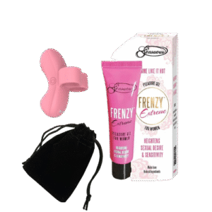 Elegant flat lay of Amoura Box Month 1 Solo featuring a sleek finger vibrator, black velvet pouch, and female pleasure gel.