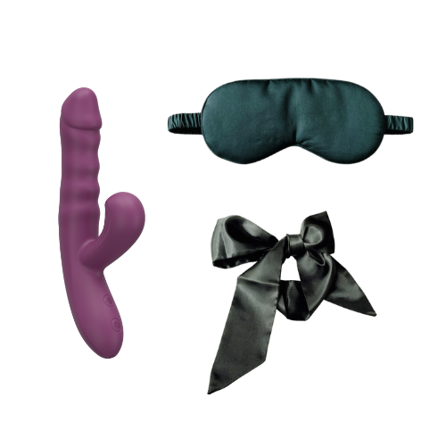 Amoura Couples Box Month 2 – The Silk Surrender featuring vibrating rabbit, silk mask, and multiuse silk ribbon, styled as a luxury couples subscription set.
