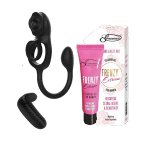 Flat lay of Amoura Box Couples – Box 7 featuring a women’s pleasure gel, 3-in-1 couples cock ring stimulator, and vibrating wearable finger glove.