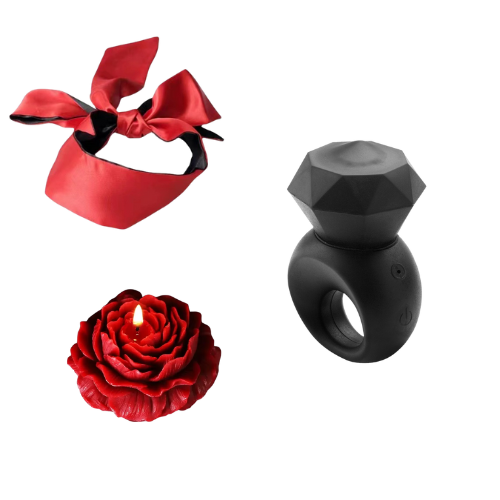 Amoura Couples Box Month 1 – The Diamond Affair featuring vibrating diamond ring, silk mask restraint, and low-temperature rose sex candle, elegantly styled as a luxury subscription set.