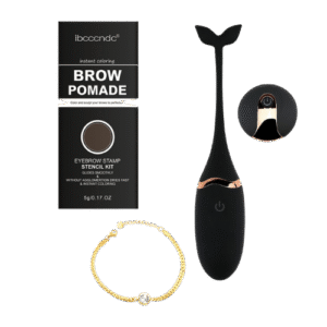 Flat lay of Amoura Box Month 2 featuring a remote-controlled black egg vibrator, gold-plated bracelet, and brow stencil kit.