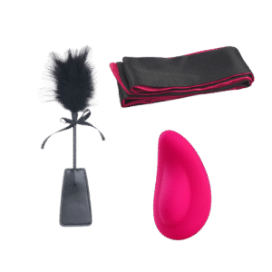 Amoura Couples Box Month 4 – The Silk Seduction featuring wearable clitoral vibrator, double-ended paddle tickler, and silk multiuse ribbon, elegantly arranged as a luxury intimacy subscription set.