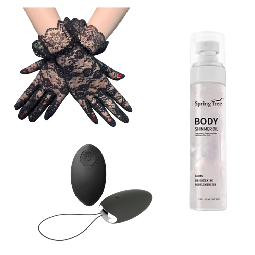Amoura Couples Box Month 8 – Radiant Touch featuring remote-controlled egg vibrator, shimmering body oil, and black lace gloves, styled as a luxury couples subscription set.