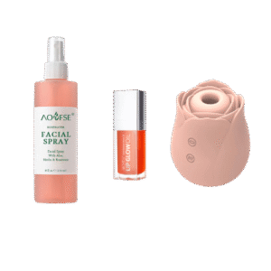 Amoura Box Month 5 featuring a rose clitoral and nipple sucking vibrator, rose water facial spray, and rose-tinted lip gloss.