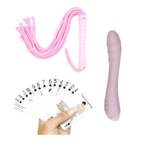 Amoura Couples Box Month 6 – The Passion Play featuring couple’s position play cards, pink rope flogger, and rabbit wand vibrator, styled as a luxury couples subscription set.